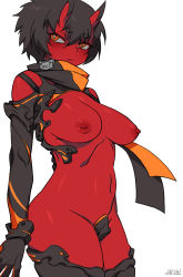 Rule 34 | 1girl, black hair, black thighhighs, breasts, closed mouth, clothing cutout, colored skin, crotch plate, female focus, horns, kidouko (zakusi), large breasts, navel, nipples, oni, oni horns, orange eyes, original, red oni, red skin, revealing clothes, short hair, shoulder cutout, shoulder strap, signature, simple background, solo, thighhighs, white background, zakusi