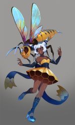 Rule 34 | 1girl, bee, black sclera, breasts, bug, choker, colored sclera, commentary, dark-skinned female, dark skin, detached sleeves, dress, earrings, english commentary, full body, grey background, high heels, highres, insect, jewelry, looking at viewer, medium breasts, original, parted lips, simple background, solo, strapless, strapless dress, teeth, white hair, zambiie