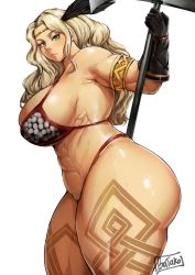 Rule 34 | 1girl, amazon (dragon&#039;s crown), armband, armlet, armor, axe, batako (batakoart), battle axe, bikini armor, blonde hair, breasts, dragon&#039;s crown, feathers, gloves, green eyes, highres, huge breasts, large breasts, long hair, looking at viewer, muscular, sideboob, signature, simple background, solo, thick thighs, thighs, very long hair, weapon