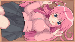 Rule 34 | 1girl, absurdres, ao (flowerclasse), black skirt, blue eyes, blush, bocchi the rock!, breasts, commentary request, cube hair ornament, gotoh hitori, hair between eyes, hair ornament, hands up, highres, jacket, long hair, long sleeves, lying, medium breasts, nervous smile, on back, one side up, open mouth, pink hair, pink jacket, pleated skirt, puffy long sleeves, puffy sleeves, skirt, smile, solo, sweat, track jacket, very long hair