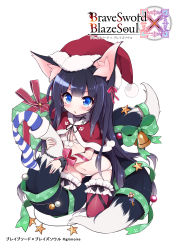 Rule 34 | 1girl, animal ears, bikini, black hair, blue eyes, brave sword x blaze soul, breasts, capelet, character request, christmas, cleavage, fox ears, fox tail, frilled thighhighs, frills, gift, hat, highres, kneeling, long hair, maneater (brave sword x blaze soul), morino donguri, multiple tails, navel, open mouth, red capelet, red thighhighs, ribbon, santa bikini, santa hat, small breasts, solo, swimsuit, tail, tail ornament, tail ribbon, thighhighs, white bikini