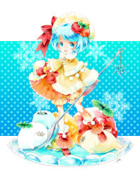 Rule 34 | 1girl, bloomers, blue background, blue eyes, blue hair, blush, bow, chion (yukina), coat, food, food-themed hair ornament, full body, hair ornament, hat, hat bow, ice cream, looking at viewer, matching hair/eyes, orange skirt, original, personification, plate, pocketland, polka dot, polka dot background, pom pom (clothes), red bow, red footwear, seal (animal), shawl, sherbet, shoes, short hair, skirt, smile, snowflakes, solo, standing, striped, underwear, vertical stripes, yellow bloomers, yellow hat