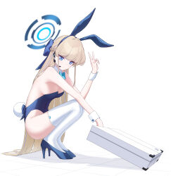 Rule 34 | 1girl, absurdres, animal ears, blonde hair, blue archive, blue eyes, blue footwear, blue hairband, blue halo, blue leotard, blush, bokuhakiyoshi, closed mouth, fake animal ears, fake tail, from side, full body, hair ornament, hairband, halo, hand up, high heels, highres, leotard, long hair, looking at viewer, looking to the side, official alternate costume, playboy bunny, rabbit ears, rabbit tail, solo, squatting, tail, thighhighs, thighs, toki (blue archive), toki (bunny) (blue archive), v, white thighhighs, wrist cuffs