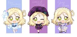 Rule 34 | 1girl, :d, blonde hair, blush stickers, braid, chibi, commentary, crown braid, dress, headband, highres, jacket, love live!, love live! sunshine!!, microphone stand, multiple views, nky4321, ohara mari, open mouth, plaid headwear, purple headwear, purple jacket, purple skirt, single bang, single hair ring, skirt, smile, song name, white dress, white headband, wide sleeves, yellow eyes