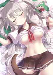 Rule 34 | 1girl, animal ears, azur lane, bed sheet, bow, bowtie, braid, breasts, collarbone, commentary request, fingerless gloves, gloves, highres, krono tokage, long hair, lying, midriff, nail polish, navel, pillow, pleated skirt, school uniform, serafuku, silver hair, single braid, skirt, sleeping, smile, solo, tail, thick eyebrows, two side up, underboob, wolf ears, wolf tail, yuudachi (azur lane)