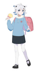 Rule 34 | 1girl, absurdres, ahoge, backpack, bag, black footwear, black skirt, blue eyes, blue shirt, breast pocket, bs0, buttons, candy, closed mouth, colored inner hair, food, full body, grey hair, hair ornament, hairclip, hand up, highres, holding, holding candy, holding food, holding lollipop, lollipop, long sleeves, looking at viewer, mary janes, multicolored hair, nijisanji, pantyhose, pleated skirt, pocket, randoseru, sailor collar, shirt, shoes, short hair, sidelocks, simple background, skirt, standing, two side up, virtual youtuber, virtuareal, walking, white background, white pantyhose, yua (virtuareal)