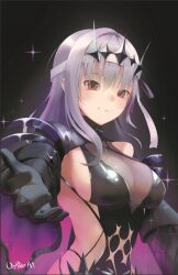 Rule 34 | 1girl, black dress, black gloves, black ribbon, breasts, cleavage, closed mouth, diadem, dress, gloves, goddess of victory: nikke, grey hair, hair ribbon, large breasts, light blush, long hairmodernia (second affection) (nikke), looking at viewer, marian (nikke), modernia (nikke), purple ribbon, reaching, reaching towards viewer, red eyes, ribbon, see-through, see-through cleavage, smile, solo, urabaeart
