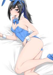 Rule 34 | 1girl, animal ears, black hair, blue bow, blue bowtie, blue eyes, blue footwear, blue hair, blue hairband, blue leotard, blush, bow, bowtie, breasts, cleavage, closed mouth, commentary request, detached collar, fake animal ears, goshiki suzu, hair bow, hairband, high heels, highres, leotard, long hair, looking at viewer, lying, multicolored hair, no legwear, on side, original, playboy bunny, ponytail, rabbit ears, sidelocks, small breasts, solo, wrist cuffs