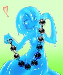 Rule 34 | 1girl, absurdres, anal beads, blue eyes, blue hair, blue skin, colored skin, flat chest, highres, licking, monster girl, seirei (mimi toka), sex toy, slime girl, solo