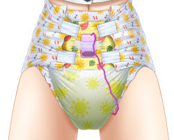 Rule 34 | 1girl, anchor print, diaper, fruit print, god hand mar, head out of frame, leaf print, peeing, simple background, solo, source request, sun print, tape, torso only, wet diaper, white background
