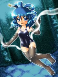 Rule 34 | 1girl, bare shoulders, black gloves, black thighhighs, blue eyes, blue hair, collarbone, elbow gloves, gloves, hair ornament, hair rings, hair stick, kaku seiga, looking at viewer, matching hair/eyes, open mouth, school swimsuit, shawl, smile, solo, swimsuit, thighhighs, touhou, winn