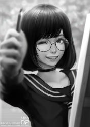 Rule 34 | 1girl, artist name, blurry, character name, choker, copyright name, dated, depth of field, eyelashes, glasses, greyscale, grin, holding, holding pencil, lips, looking at viewer, magion02, misa (ms.assistant), monochrome, ms.assistant, neckerchief, nose, open mouth, original, parted lips, pencil, round eyewear, sailor collar, school uniform, serafuku, short hair, smile, solo, teeth, upper body, wings