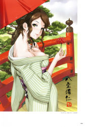 Rule 34 | 1girl, bare shoulders, blush, breasts, bridge, brown eyes, brown hair, cleavage, cloud, collarbone, cowboy shot, day, fingernails, flower, grass, green eyes, hair ornament, happoubi jin, highres, holding, holding umbrella, japanese clothes, kimono, lips, long hair, mole, mountain, open clothes, outdoors, sky, solo, spider lily, standing, striped, sweet body, swept bangs, tree, umbrella