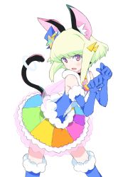 Rule 34 | 1boy, animal ears, bad id, bad twitter id, blonde hair, cat ears, cat tail, circle skirt, crossdressing, dress, earrings, frills, gloves, goth fashion, green hair, half gloves, jewelry, lio fotia, male focus, otakebi, paw pose, promare, simple background, solo, star (symbol), tail, trap, white background