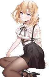 Rule 34 | 1girl, bare shoulders, black footwear, black ribbon, black skirt, blonde hair, blouse, blue eyes, blush, breasts, brown jacket, brown thighhighs, collarbone, commentary, grin, hair ornament, high heels, highres, hololive, hololive english, jacket, jewelry, key, key necklace, large breasts, looking at viewer, machi (7769), necklace, off-shoulder shirt, off shoulder, open clothes, open jacket, pantyhose, plaid, plaid jacket, pleated skirt, ribbon, see-through, see-through legwear, shirt, sitting, skirt, smile, solo, suspender skirt, suspenders, thighhighs, virtual youtuber, watson amelia, watson amelia (street casual), white background, white shirt, zipper skirt