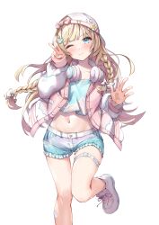 Rule 34 | 1girl, absurdres, aqua eyes, backwards hat, bandaid, bandaid on leg, blonde hair, blunt bangs, blush, bow, braid, closed mouth, collarbone, commentary, crop top, hair bow, hair ornament, hand up, hat, headphones, headphones around neck, highres, hololive, jacket, kazama iroha, kazama iroha (streetwear), leaf hair ornament, letterman jacket, long hair, long sleeves, looking at viewer, midriff, multicolored clothes, multicolored shorts, navel, official alternate costume, official alternate hairstyle, one eye closed, puffy long sleeves, puffy sleeves, raccoon hair ornament, shorts, simple background, smile, solo, standing, standing on one leg, teeth, thigh strap, tmo-cat, upper teeth only, v, very long hair, virtual youtuber, white background, white bow, white footwear, white hat, white headphones