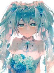 Rule 34 | 1girl, backlighting, blue eyes, blue flower, blue hair, blue rose, bow, breasts, closed mouth, commentary request, dress, eyebrows hidden by hair, flower, hair between eyes, hair flower, hair ornament, hatsune miku, long hair, looking at viewer, medium breasts, rose, saihate (d3), see-through, simple background, smile, solo, twintails, upper body, very long hair, vocaloid, white background, white bow, white dress