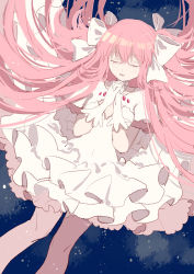 Rule 34 | 1girl, absurdres, blue background, breasts, choker, closed eyes, clothes lift, clothing cutout, dress, dress lift, dutch angle, eyelashes, facing viewer, feet out of frame, gloves, gradient background, hair between eyes, hair ribbon, hands up, highres, kaname madoka, layered dress, layered sleeves, legs apart, light blush, light particles, light smile, long dress, long eyelashes, long hair, mahou shoujo madoka magica, mahou shoujo madoka magica (anime), own hands clasped, own hands together, parted lips, pink hair, pink thighhighs, ribbon, shocho (shaojiujiu), simple background, small breasts, solo, straight hair, thighhighs, two side up, ultimate madoka, very long hair, white choker, white dress, white gloves, white ribbon, wide sleeves