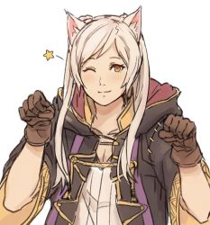 Rule 34 | 1girl, animal ears, blush, cape, cat day, cat ears, fire emblem, fire emblem awakening, gloves, hair ornament, kamu (kamuuei), long hair, looking at viewer, nintendo, robin (female) (fire emblem), robin (fire emblem), simple background, smile, solo, twintails, white background, white hair