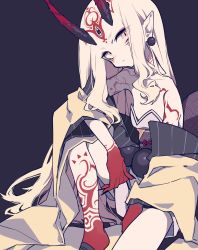 Rule 34 | 1girl, blonde hair, closed mouth, fate/grand order, fate (series), fingernails, flat color, forehead, highres, ibaraki douji (fate), japanese clothes, knee up, long hair, looking at viewer, mochizuki kei, obi, pointy ears, purple background, sash, sharp fingernails, sidelocks, simple background, sitting, slit pupils, solo, tattoo, tsurime, very long hair, wavy hair, yellow eyes