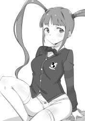 Rule 34 | 1girl, absurdres, bow, bowtie, breasts, buttons, closed mouth, collared shirt, dot nose, echihiro, eyelashes, greyscale, groin, hair tie, highres, idolmaster, idolmaster million live!, idolmaster million live! theater days, leg up, light blush, light smile, long hair, looking at viewer, matsuda arisa, medium breasts, monochrome, ribbon panties, shirt, sidelocks, simple background, sitting, skirt, solo, sweater, thighhighs, twintails, unworn skirt, very long hair, white background