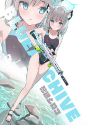 Rule 34 | 1girl, absurdres, animal ear fluff, animal ears, bare shoulders, blue archive, blue eyes, blue one-piece swimsuit, blush, breasts, collarbone, copyright name, cross hair ornament, extra ears, full body, grey hair, gun, hair ornament, halo, highleg, highleg swimsuit, highres, kojima takeshi, looking at viewer, medium breasts, medium hair, multicolored clothes, multicolored swimsuit, one-piece swimsuit, sandals, shiroko (blue archive), shiroko (swimsuit) (blue archive), short ponytail, sidelocks, solo, swimsuit, translation request, weapon, wolf ears