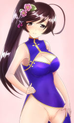 Rule 34 | 1girl, ahoge, alternate hairstyle, bare shoulders, black eyes, black hair, breasts, china dress, chinese clothes, cleavage, cleavage cutout, cleft of venus, clothing cutout, dress, flower, girls und panzer, hair flower, hair ornament, hand on own hip, highres, isuzu hana, large breasts, long hair, oekaki lemon, ponytail, pussy