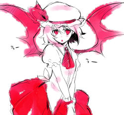 Rule 34 | 1girl, bat wings, female focus, hat, looking at viewer, monochrome, red eyes, red theme, remilia scarlet, short hair, sketch, slit pupils, solo, touhou, usa (artist), usaki (ama), v arms, wings, wrist cuffs