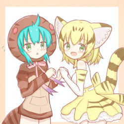 Rule 34 | 2girls, :d, :o, animal ear fluff, animal ears, aqua hair, black hair, blonde hair, blush, breasts, brown background, brown hoodie, cat ears, cat girl, cat tail, commentary request, elbow gloves, flying sweatdrops, gloves, green eyes, hair between eyes, highres, hood, hood up, hoodie, kemono friends, medium breasts, multicolored hair, multiple girls, open mouth, parted lips, pleated skirt, sand cat (kemono friends), shirt, skirt, sleeveless, sleeveless shirt, smile, snake hood, snake tail, standing, striped clothes, striped hoodie, sunanuko (ramuneko), tail, tsuchinoko (kemono friends), two-tone background, two-tone hair, white background, white gloves, white shirt, yellow skirt