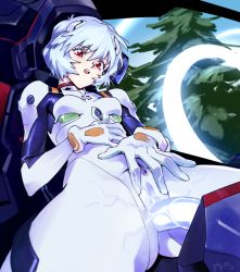 Rule 34 | 1girl, ayanami rei, blue hair, blush, bodysuit, breasts, clitoral hood, cockpit, commentary, english commentary, gluteal fold, interface headset, looking down, neon genesis evangelion, open mouth, optionaltypo, plugsuit, pov, pov crotch, red eyes, short hair, skin tight, small breasts, solo, spread legs, spread pussy under clothes, teeth, tentacle sex, tentacles, thick thighs, thighs, through clothes, upper teeth only, vaginal, white bodysuit