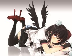 Rule 34 | 1girl, ass, bad id, bad pixiv id, bird wings, black gloves, black hair, black thighhighs, blush, cibo (killy), clothes lift, crossed arms, derivative work, female focus, geta, gloves, hat, hat ribbon, legs up, looking at viewer, lying, on stomach, panties, puffy sleeves, red eyes, red footwear, reflective floor, ribbon, shameimaru aya, shirt, shoes, short hair, short sleeves, simple background, skirt, skirt lift, solo, striped clothes, striped panties, thighhighs, tokin hat, touhou, underwear, upskirt, wings