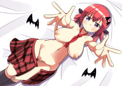 Rule 34 | 1girl, alternate breast size, bad id, bad nijie id, bat hair ornament, bed sheet, blush, breasts, cleft of venus, gabriel dropout, hair ornament, hair rings, inverted nipples, large breasts, looking at viewer, lying, naruse mai, navel, nipples, on back, outstretched arms, plaid, plaid skirt, purple eyes, pussy, red hair, satanichia kurumizawa mcdowell, skirt, smile, solo, uncensored