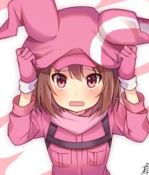 Rule 34 | 1girl, animal ears, animal hat, arms up, blush, brown hair, commentary request, gloves, hair between eyes, hands on headwear, hat, jacket, llenn (sao), looking at viewer, omuretsu, open mouth, pink gloves, pink hat, pink jacket, purple eyes, rabbit ears, rabbit hat, signature, solo, sword art online, sword art online alternative: gun gale online, upper body, wavy mouth