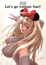 Rule 34 | 1girl, 2020, animal ears, blonde hair, breasts, cosplay, covered erect nipples, disney, happy new year, huge breasts, looking at viewer, mickey mouse (cosplay), new year, original, ribbon, skin tight, solo, tatsunami youtoku