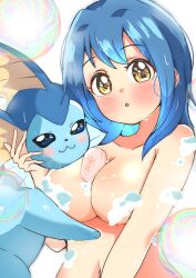 1girl :o absurdres bar_soap blue_hair blush breasts bubble carrot_summer collarbone completely_nude creatures_(company) crossover furutani_himawari game_freak gen_1_pokemon hair_intakes highres medium_breasts navel nintendo nude open_mouth pokemon pokemon_(creature) short_hair simple_background soap_bubbles vaporeon white_background yellow_eyes yuru_yuri