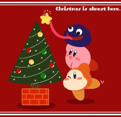 Rule 34 | absurdres, arm up, bauble, black eyes, blue eyes, blush, blush stickers, christmas, christmas ornaments, christmas tree, english text, full body, gooey (kirby), happy, highres, kirby, kirby (series), leg up, long tongue, miwa (ahyuck), motion lines, nintendo, no humans, no mouth, notice lines, one eye closed, open mouth, red background, simple background, slime (creature), smile, solid oval eyes, standing, standing on one leg, star (symbol), tongue, tongue hold, tongue out, waddle dee, wall-eyed, wince