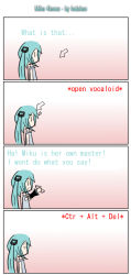 Rule 34 | 1girl, 4koma, aqua hair, bare shoulders, blush, comic, cursor, detached sleeves, fedekun, from side, hatsune miku, long hair, long sleeves, pink background, profile, self-upload, simple background, text focus, twintails, very long hair, vocaloid