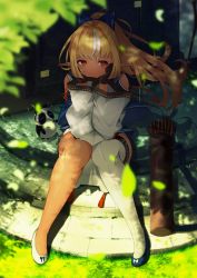 Rule 34 | 1girl, animal ears, arrow (projectile), asymmetrical footwear, blonde hair, blue sailor collar, blurry, blurry background, blurry foreground, blush, bow, bow (weapon), brown gloves, closed mouth, clothing cutout, commentary request, dark-skinned female, dark skin, day, depth of field, door, dress, elf, flats, gloves, grass, hair bow, highres, hololive, hololive alternative, kintsuba (shiranui flare), knees, knees together feet apart, long hair, long sleeves, looking at another, looking away, looking to the side, mismatched footwear, multicolored hair, orange eyes, outdoors, panda ears, pointy ears, ponytail, quiver, sailor collar, sanasedayo, shiranui flare, shiranui flare (old design), shoes, shoulder cutout, sideways glance, single thighhigh, sitting, solo focus, stairs, stone floor, streaked hair, sunlight, thighhighs, virtual youtuber, weapon, white hair, white thighhighs, wooden wall
