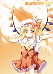 Rule 34 | 1girl, :d, ascot, blonde hair, collar, cowboy shot, crystal, demon wings, female focus, flandre scarlet, frills, fuyu matsuri, grin, hat, mob cap, open mouth, outstretched arms, puffy short sleeves, puffy sleeves, short sleeves, sidelocks, smile, solo, standing, teeth, touhou, vampire, wings