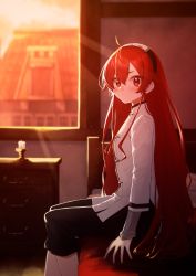 Rule 34 | 1girl, absurdres, ahoge, black hairband, black pants, blush, breasts, candle, candlestand, closed mouth, eris greyrat, female focus, hairband, highres, layered sleeves, long hair, long sleeves, looking at viewer, mushoku tensei, on bed, pants, red eyes, red hair, short over long sleeves, short sleeves, sidelocks, sitting, small breasts, solo, sunset, taiyou-n, very long hair