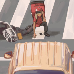 Rule 34 | 1girl, arm support, baseball cap, black pants, blonde hair, bright pupils, car, closed mouth, collared shirt, crosswalk, derivative work, food delivery box, green eyes, hand on headwear, hat, highres, matangom, matangomu-chan, moped, motor vehicle, on one knee, original, outdoors, pants, photo-referenced, pillbug, red shirt, road, serious, shirt, shoes, short sleeves, shoulder strap, single sidelock, solo, white pupils