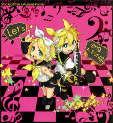 Rule 34 | 1boy, 1girl, aqua eyes, bare shoulders, blonde hair, brother and sister, chibi, hair ornament, hair ribbon, hairclip, headphones, headset, highres, ie, ie (mochi), instrument, kagamine len, kagamine rin, keyboard (instrument), looking back, looking up, microphone, musical note, ponytail, ribbon, sailor collar, short hair, shorts, siblings, smile, star (symbol), twins, vocaloid