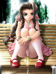 Rule 34 | 1990s (style), 1girl, aerith gainsborough, bench, boots, bow, brown hair, censored, cleft of venus, clothes lift, day, dress, dress lift, final fantasy, final fantasy vii, green eyes, jewelry, kneehighs, long hair, mary janes, mosaic censoring, necklace, no panties, onoe, outdoors, park, pee, peeing, pink bow, pink dress, public indecency, puddle, retro artstyle, shoes, sitting, skirt, skirt lift, smile, socks, solo, square enix, tree