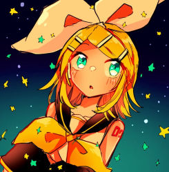 Rule 34 | 1girl, aqua eyes, ascot, bare shoulders, blonde hair, bow, detached sleeves, hair bow, hair ornament, hairclip, headphones, headset, kagamine rin, kanmikan, looking up, neckerchief, night, number tattoo, open mouth, sailor collar, shirt, shoulder tattoo, sketch, sky, sleeveless, sleeveless shirt, star (sky), star (symbol), starry sky, swept bangs, tattoo, vocaloid, yellow neckerchief