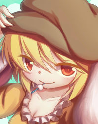 Rule 34 | 1girl, absurdres, animal ears, blonde hair, blue background, breasts, cabbie hat, cleavage, close-up, dango, dior-zi, floppy ears, food, hand on headwear, hat, highres, looking at viewer, mouth hold, rabbit ears, red eyes, ringo (touhou), short hair, skewer, smile, solo, touhou, wagashi