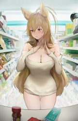 Rule 34 | 1girl, absurdres, ahoge, animal ears, bad id, bad pixiv id, bare shoulders, beige sweater, blonde hair, blush, breasts, buying condoms, closed mouth, commentary request, commission, condom box, counter, ellin meiji, embarrassed, fighter (dungeon and fighter), fisheye, fox ears, hair between eyes, hands up, highres, korean commentary, large breasts, long hair, long sleeves, looking away, looking down, looking to the side, off-shoulder sweater, off shoulder, original, red eyes, shelf, shop, slit pupils, solo, standing, striker (dungeon and fighter), sweater, thigh gap, uthy, very long hair