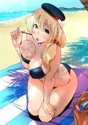 Rule 34 | 10s, 1girl, aqua eyes, atago (kancolle), bag, beach, bikini, blonde hair, blush, breast press, breasts, day, hat, kantai collection, large breasts, long hair, md5 mismatch, ocean, ojo (dfreak), open mouth, resolution mismatch, seiza, sitting, solo, source larger, swimsuit