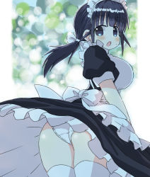 Rule 34 | 1girl, :o, apron, ass, black eyes, black hair, blurry, blurry background, blush, breasts, highres, large breasts, maid, maid apron, maid headdress, naitou kouse, original, panties, ponytail, puffy short sleeves, puffy sleeves, short sleeves, solo, thighhighs, underwear, white thighhighs, wind, wind lift