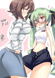 Rule 34 | 2girls, absurdres, anchovy (girls und panzer), blush, breasts, brown eyes, brown hair, covered erect nipples, girls und panzer, green hair, highres, large breasts, looking at another, multiple girls, naruka box, navel, nervous smile, nishizumi maho, open mouth, red eyes, short hair, shorts, small breasts, smile, sweater, yuri