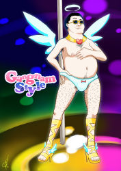 Rule 34 | 1boy, absurdres, black hair, fat, fat man, gangnam style, highres, male focus, panty &amp; stocking with garterbelt, parody, psy, solo, sunglasses, topless male, triple-q, underwear, underwear only, what, wings